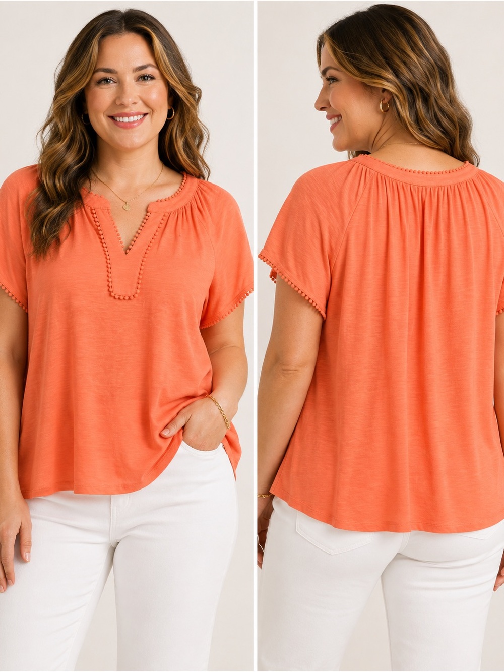St. John’s Bay Coral Pom Trim Blouse 0X Plus Size NWT 100% Cotton